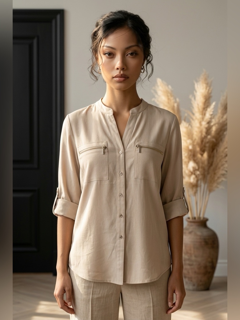 Calvin Klein Relaxed Button Down Shirt with Mandarin Collar